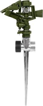 Aspersor verde, plástico, dos vías, estaca de zinc de 11'