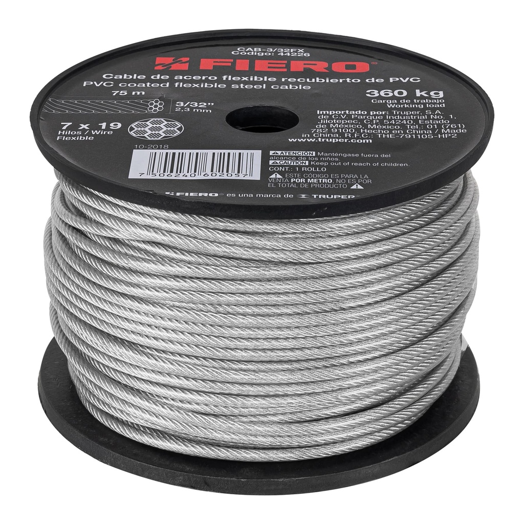 Cable flexible de acero 3/32', recubierto PVC, 7X19, 75 m   FIERO  48809