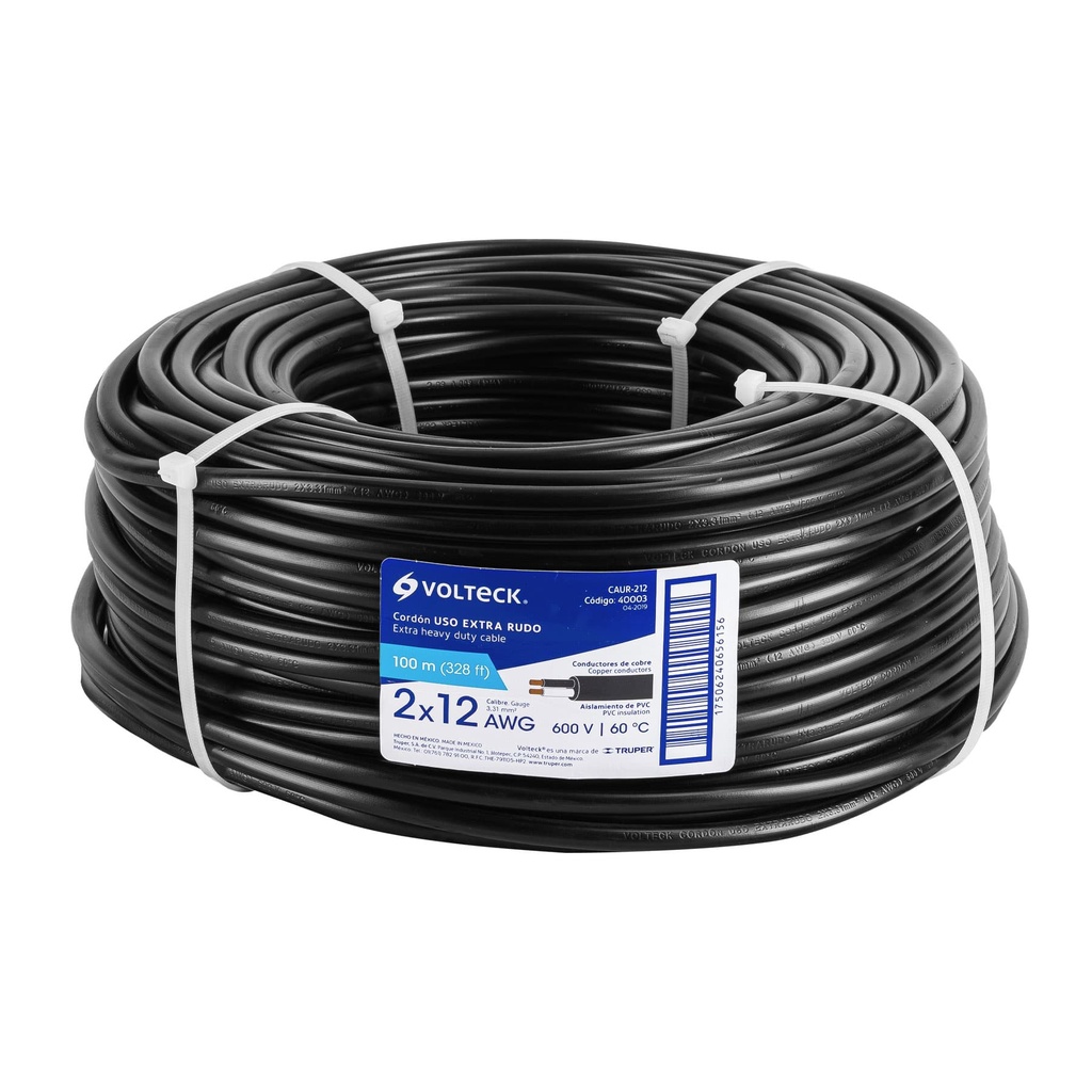 Cable uso rudo, 2 conductores, calibre 12, rollo de 100 m.  40003