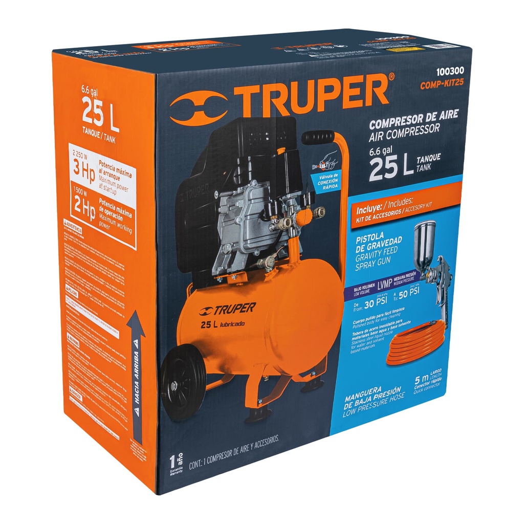 Compresor 1.5HP 25L con pistola y manguera