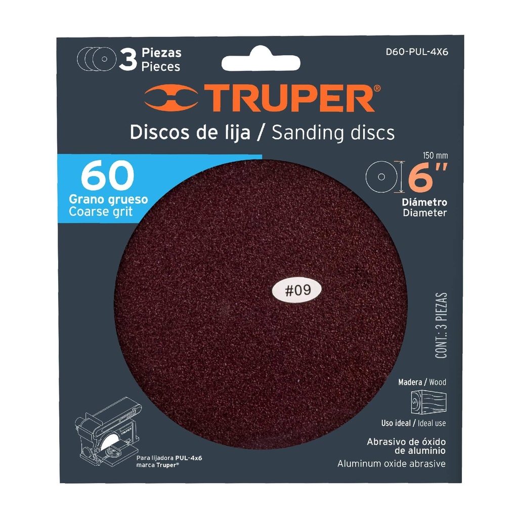 Disco grano 60 para lijadora PUL 4x6, funda con 3 pzas