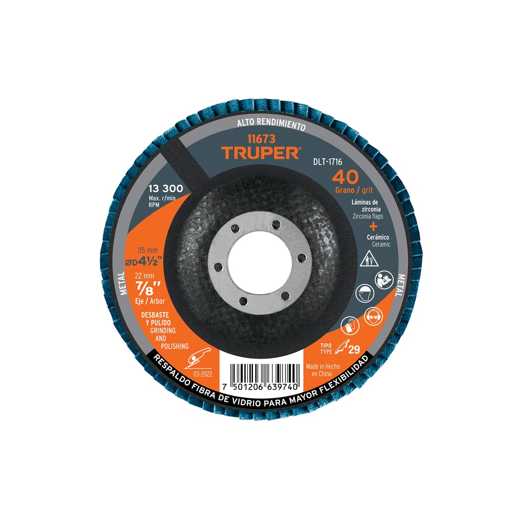 Disco laminado, 4-1/2', grano 40, centro 7/8'