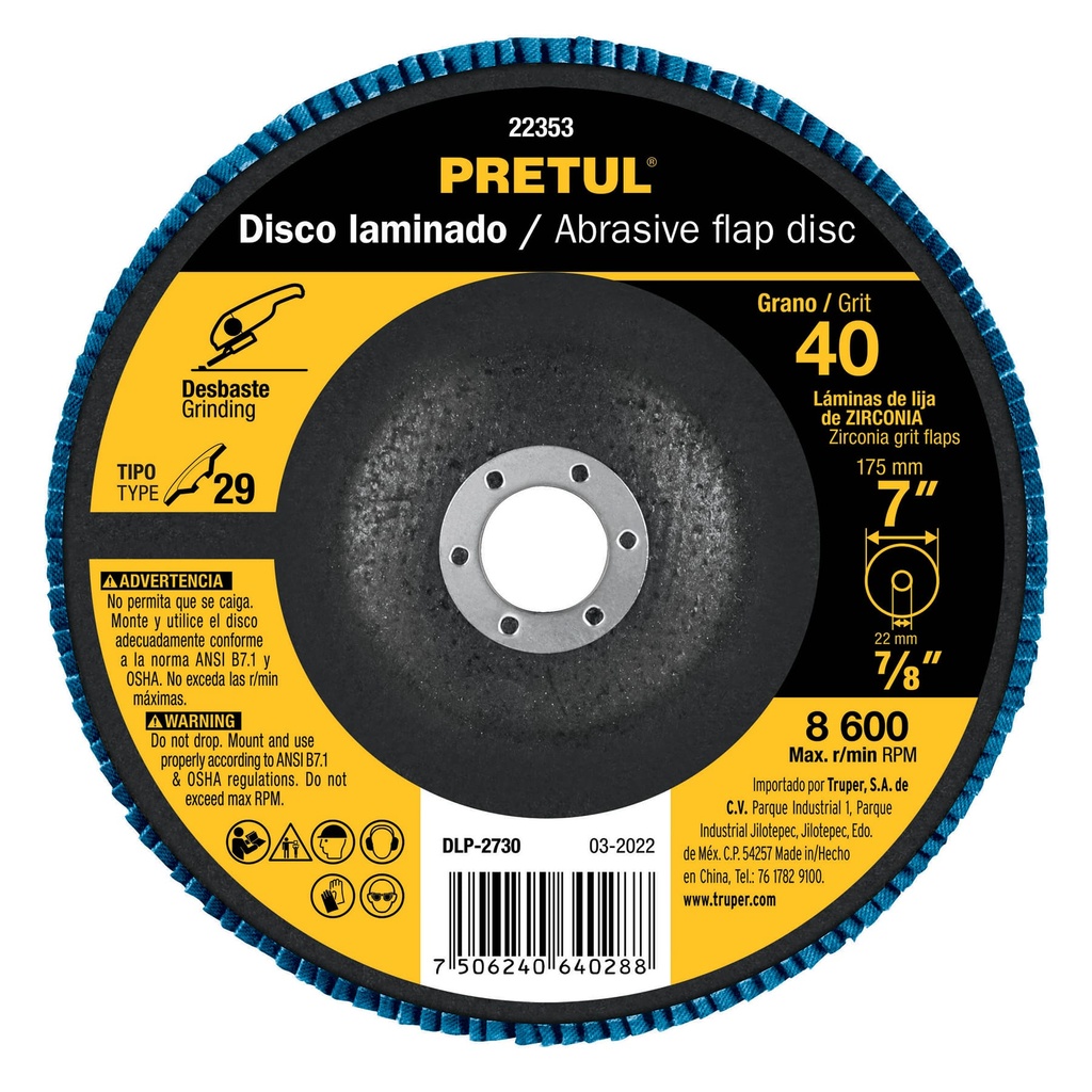 Disco laminado, 7', grano 40, centro 7/8', Pretul