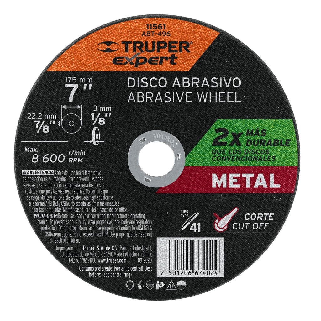 Disco para corte de metal, tipo 41, di·metro 7'