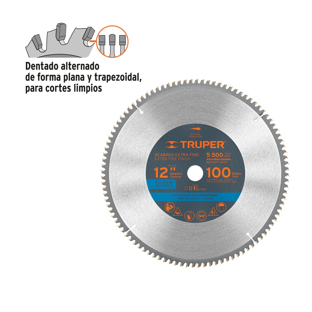 Disco sierra p/aluminio 12', 100 dientes, centro 1'