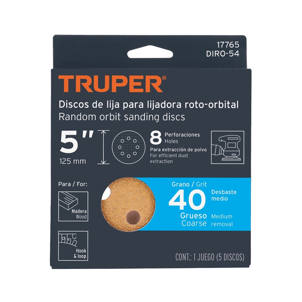 Discos de lija roto orbital 5', grano 40, 8 orificios, 5pzas