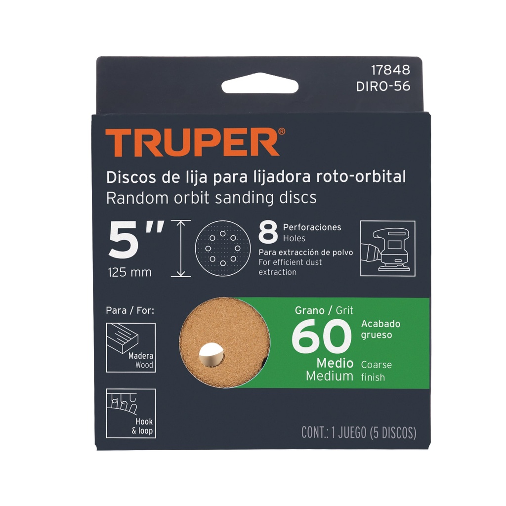 Discos de lija roto orbital 5', grano 60, 8 orificios, 5pzas TRUPER 17848 