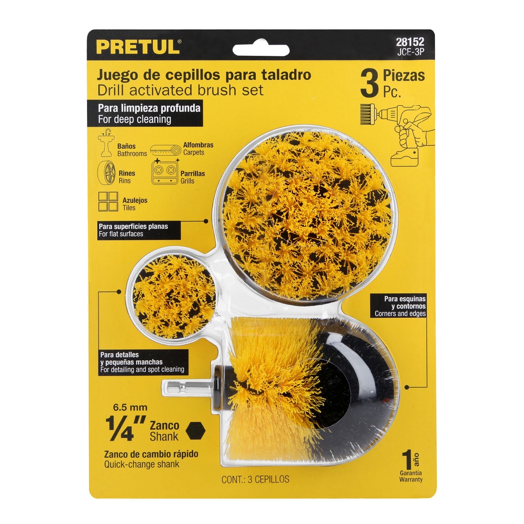Jgo de 3 cepillos para taladro, Pretul. JCE-3P