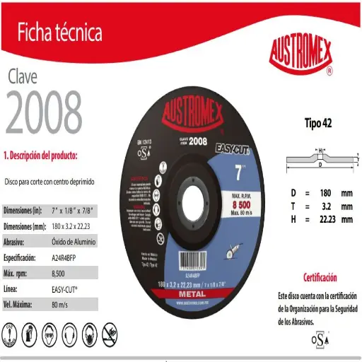 [AUS2008] DISCO PARA CORTE DE METAL (EASY-CUT) T-27 7"X1/8"X7/8"  2008  AUSTROMEX