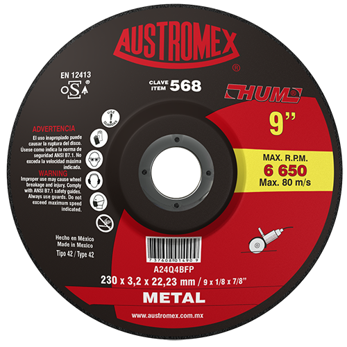 [AUS568] DISCO CENTRO DEPRIMIDO CORTE DE METAL T-27 9"X1/8"X7/8"                        568  AUSTROMEX 