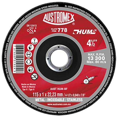 [AUS778] DISCO PARA CORTE DE METAL SUPER DELGADO (HUM) 4.1/2"X3/64"X7/8"         778  AUSTROMEX