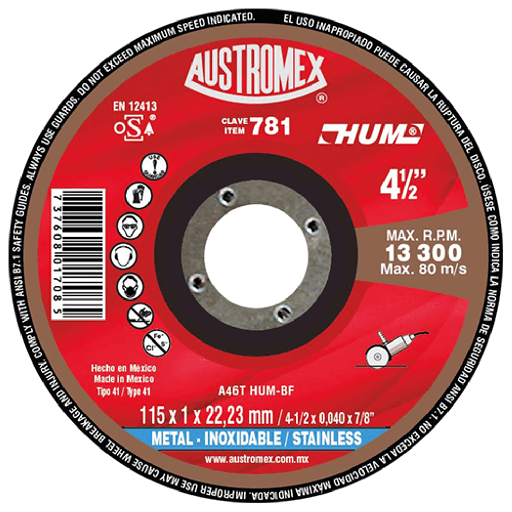 [AUS781] DISCO PARA CORTE DE METAL (HUM) 4.1/2"X3/64"X7/8"  781  AUSTROMEX 