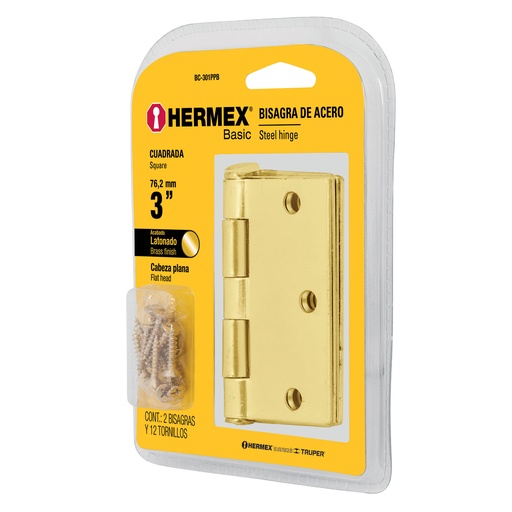 [BC-301PPB] Bisagra cuadrada 3', acero latonado, blÌster 2, Hermex Basic