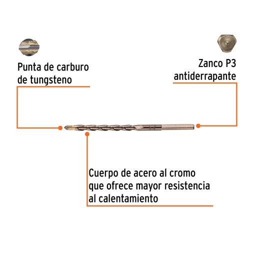 [BCT-3/16X4-B] Broca para concreto, 3/16 x 4' en blister