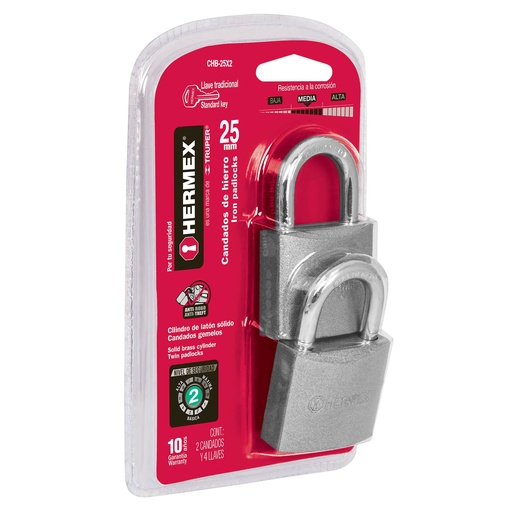 [CHB-25X2] Candados de hierro, 25mm, gancho corto, blister, 2 piezas   43790  HERMEX 