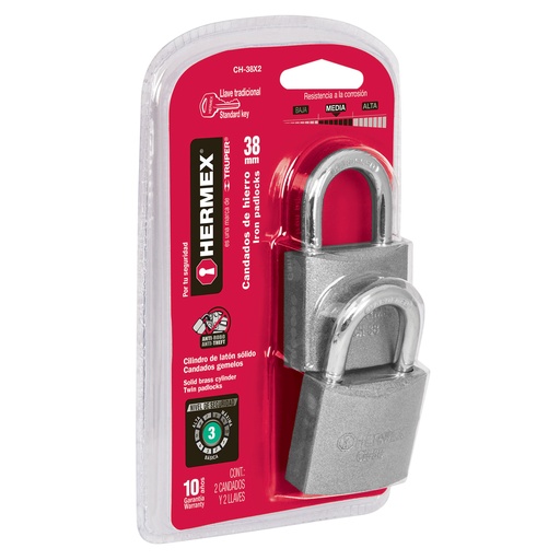 [CH-38X2] Candados de hierro, 38mm, gancho corto, blister, 2 piezas   43321  HERMEX 