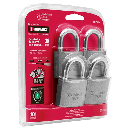 [CH-38X4] Candados de hierro, 38mm, gancho corto, blister, 4 piezas   43333  HERMEX 