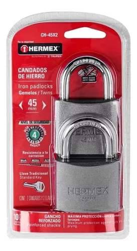 [CH-45X2] Candados de hierro, 45mm, gancho corto, blister, 2 piezas   43322  HERMEX 