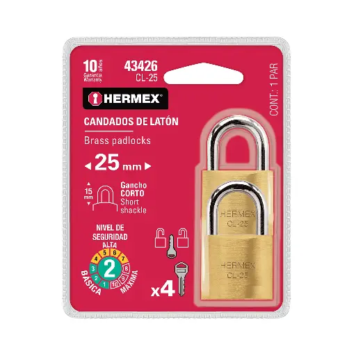 [CL-25] Candados de latÛn, 25mm, gancho corto, blister 2 piezas   43425  HERMEX 