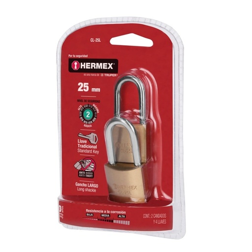 [CL-25L] Candados de latÛn, 25mm, gancho largo, blister 2 piezas   43435  HERMEX 