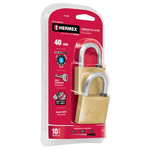 [CL-40X2] Candados de latÛn, 40mm, gancho corto, blister 2 piezas   43443  HERMEX 