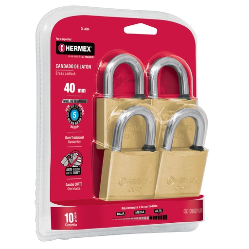 [CL-40X4] Candados de latÛn, 40mm, gancho corto, blister 4 piezas   43445  HERMEX 