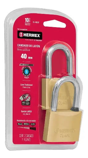 [CL-40LX2] Candados de latÛn, 40mm, gancho largo, blister 2 piezas   43443  HERMEX 