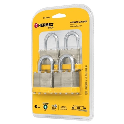 [CM-40X4P] Candados laminados, 40mm, blister 4 piezas, Hermex Basic   20508  HERMEX 