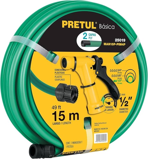 [MAN15P-PIM4P] Combo de manguera MAN-15X1/2P y pistola PIM-4P, 15 m, Pretul