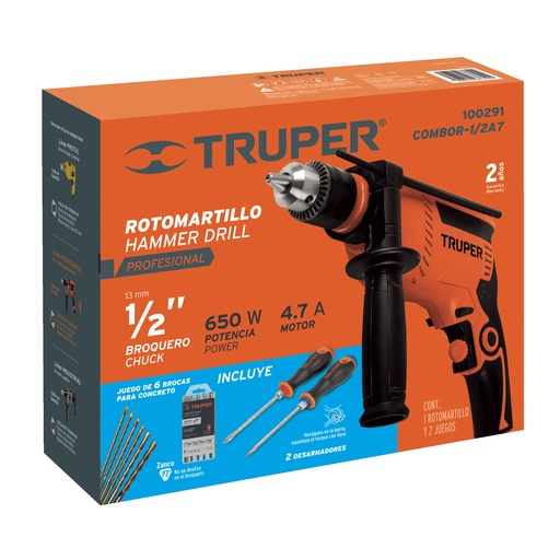[COMBOR-1/2A7] Combo rotomartillo 650W con brocas y desarmadores