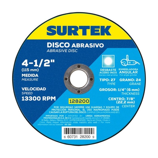 [128200] Disco abrasivo tipo 27 para desbaste de acero inoxidable 4-1/2x1/4"