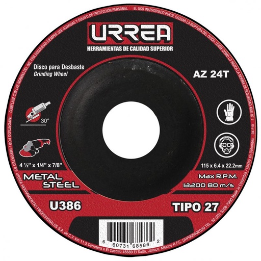 [U386] Disco abrasivo tipo 27 para metal 41/2" x 1/4" uso mega pesado