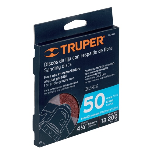 [DILF-450] Disco de lija 4-1/2' con respaldo de fibra, grano 50 TRUPER 100126
