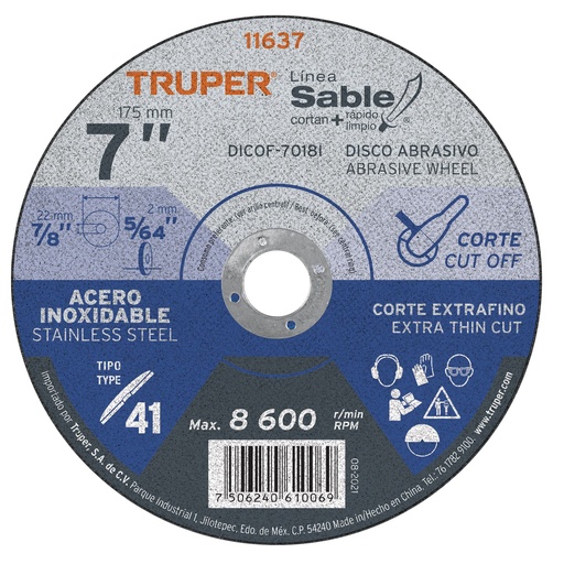 [DICOF-7018I] Disco para corte de acero inoxidable, tipo 41, di·metro 7'