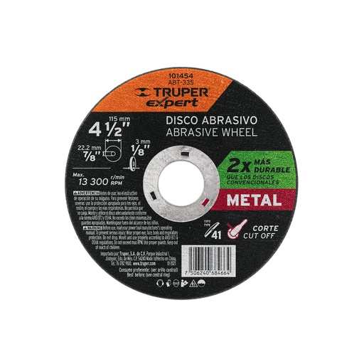 [ABT-335] Disco para corte de metal 4-1/2' tipo 41, Truper Expert
