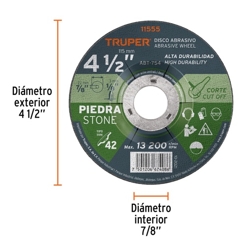 [ABT-754] Disco para corte de piedra, tipo 42, di·metro 4-1/2'