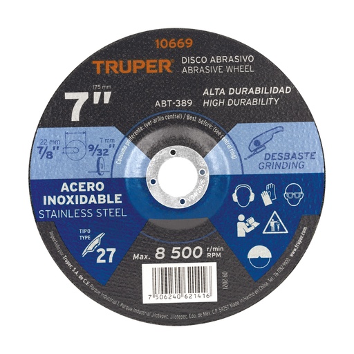 [ABT-389] Disco para desbaste de acero inoxidable, tipo 27, 7'