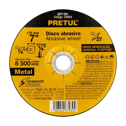 [ABT-561] Disco para desbaste de metal, tipo 27, di·metro 7', Pretul