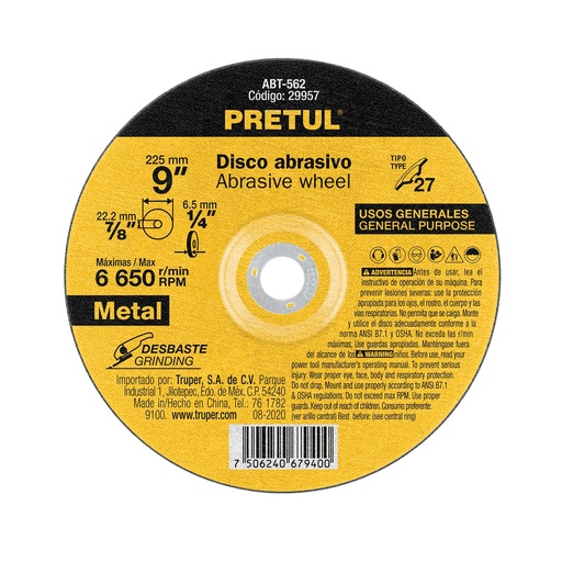 [ABT-562] Disco para desbaste de metal, tipo 27, di·metro 9', Pretul