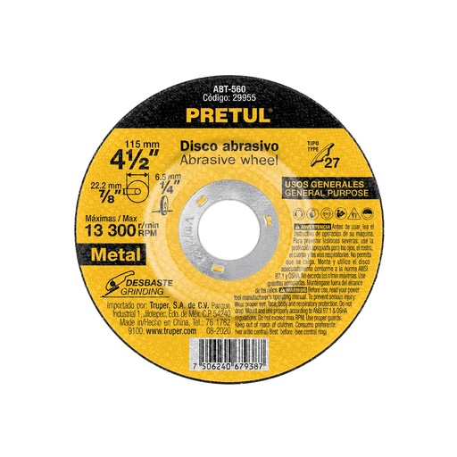 [ABT-560] Disco para desbaste de metal,tipo 27,di·metro 4-1/2', Pretul