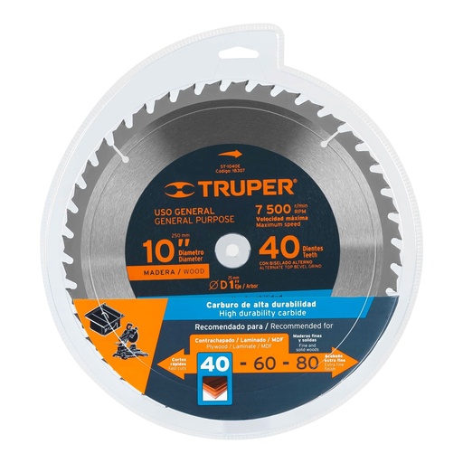 [ST-1040E] Disco sierra p/madera 10', 40 dientes, centro 1'