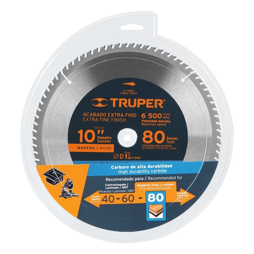 [ST-1080E] Disco sierra p/madera 10', 80 dientes, centro 1'