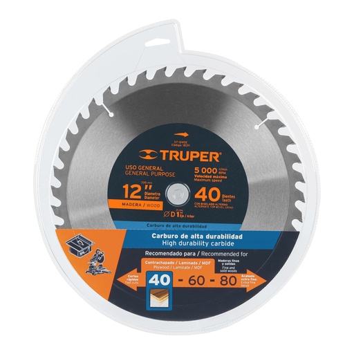 [ST-1240E] Disco sierra p/madera 12', 40 dientes, centro 1'