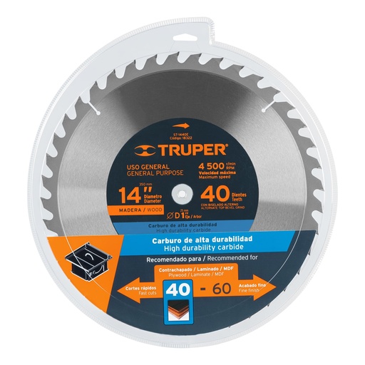 [ST-1440E] Disco sierra p/madera 14', 40 dientes, centro 1'
