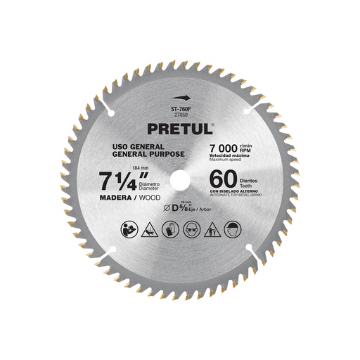 [ST-760P] Disco sierra p/madera 7-1/4', 60 d, centro 5/8',Pretul ST-760P