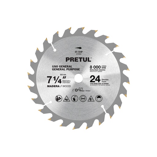 [ST-724P] Disco sierra p/madera 7-1/4',24 dientes, centro 5/8', Pretul