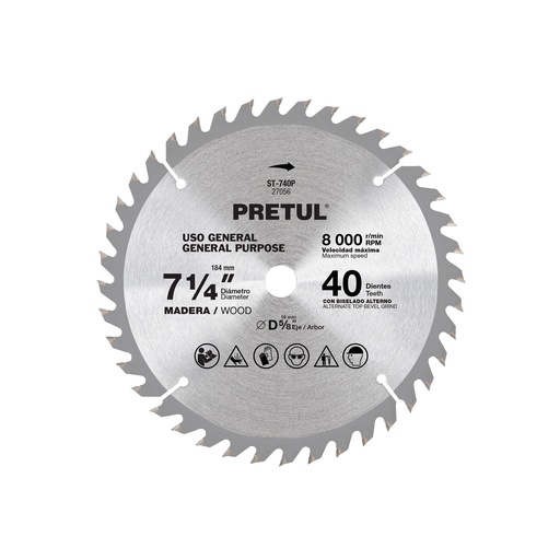 [27056] Disco sierra p/madera 7-1/4',40 dientes ,centro 5/8', Pretul ST-740P