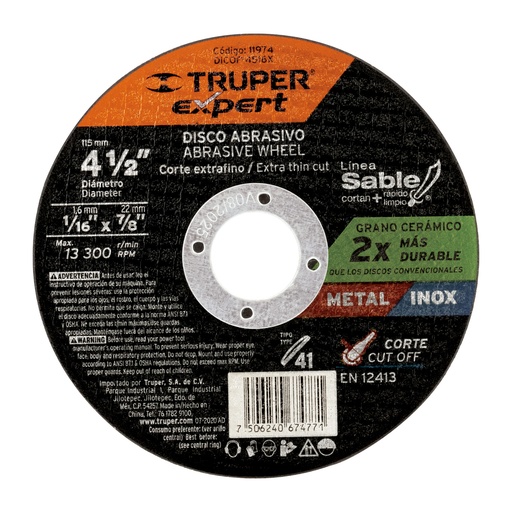 [DICOF-4516X †] Disco tipo 41, corte metal, LÌnea Sable 4-1/2',1.6mm, Expert