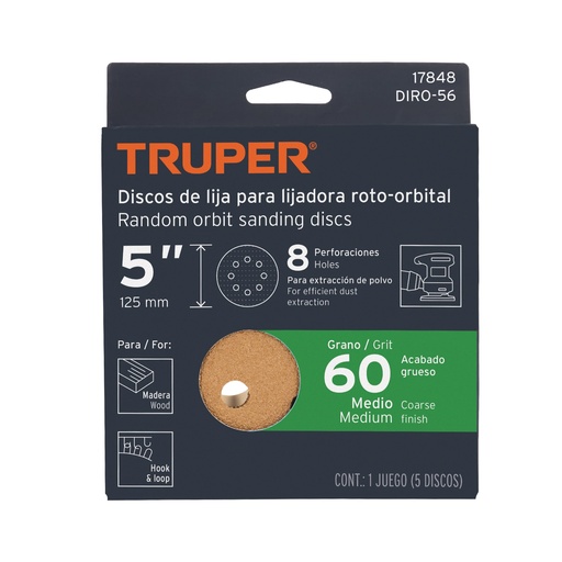 [DIRO-56] Discos de lija roto orbital 5', grano 60, 8 orificios, 5pzas TRUPER 17848 