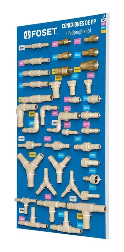 [EX-CM-FOS] Exhibidor con conexiones para manguera de PP, Foset